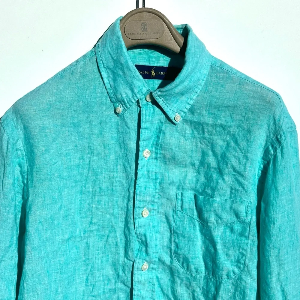POLO Ralph Lauren 100% Linen Turquoise Blue Shirt, Classic Fit, M